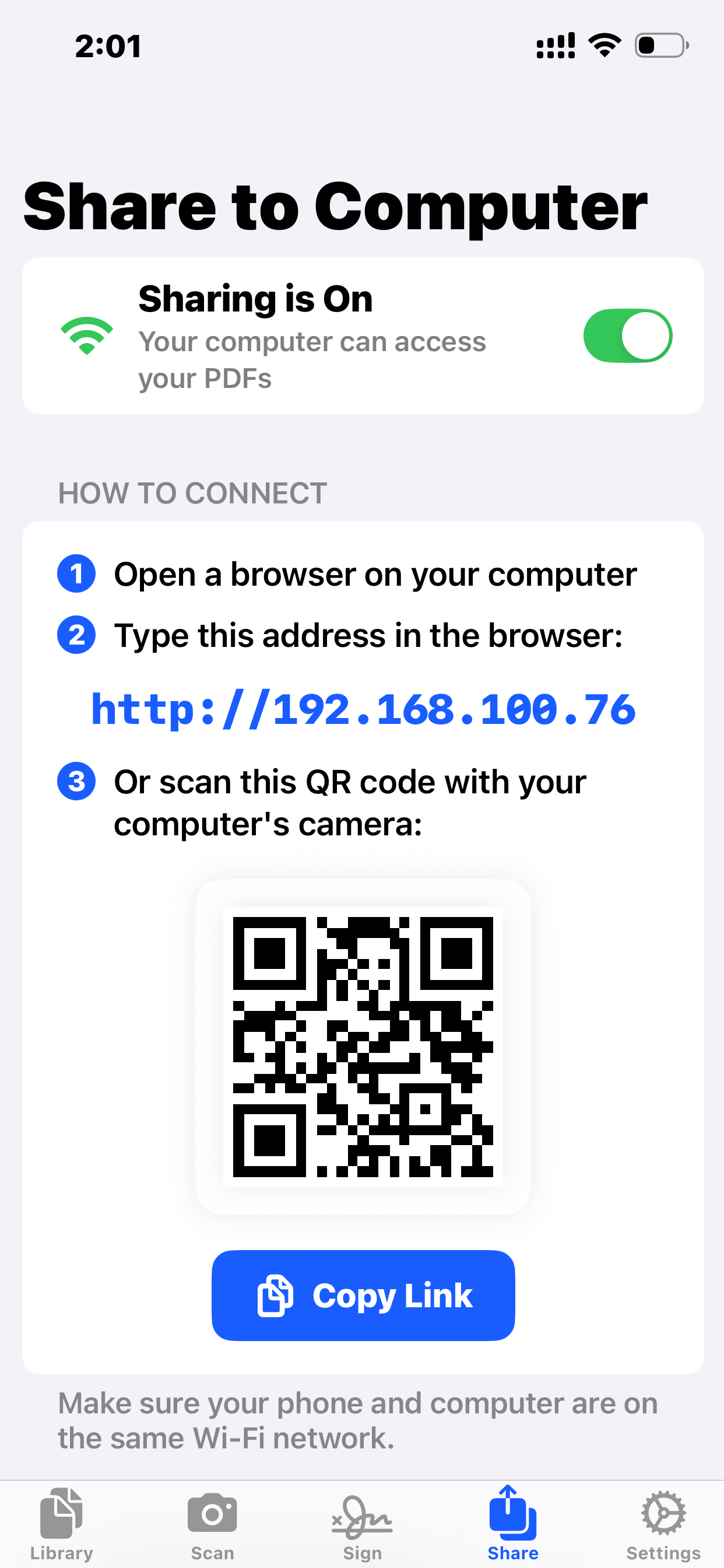 Wi-Fi sharing with QR code for browser connection
